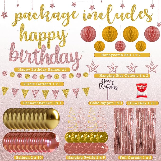 Rose Gold and Gold Birthday Party Decorations Set - Happy Birthday Banner Balloons Foil Curtains Hanging Swirls for Women Girls Birthday Party Supplies