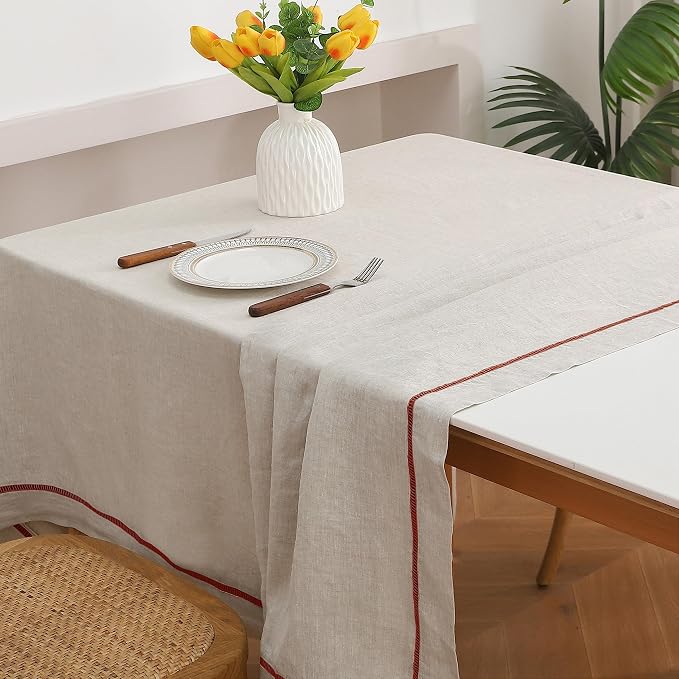 Linen World Hemstitch Linen Tablecloth,100% Natural French Flax,60x90Inch Handcrafted Natural-Rust Linen Table Cloth,Tabletop,Table Cloths for Kitchen,Dining,Daily Use