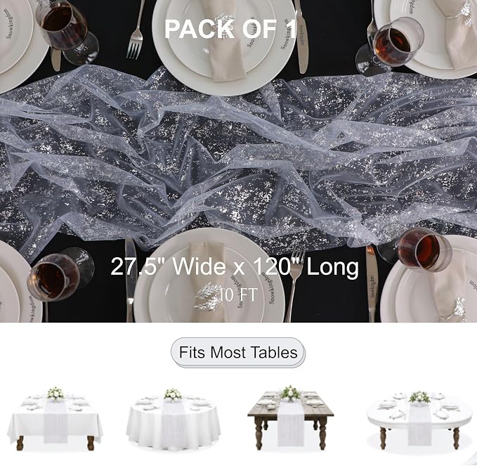 Snowkingdom White Silver Table Runner Gauze Sheer Tulle 10 FT 120 Inch Sparkly Metallic Foil Glitter Sequin Party Table Decor Centerpieces for Party Wedding Bridal Baby Shower Christmas New Year