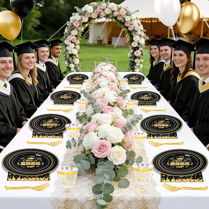 150 Pcs 2026 Graduation Plastic Plates with Disposable Silverware Serves 30 Guests, Black Gold Graduation Disposable Plates Including 30 Dinner&Dessert Plates, Cups, Napkins, Gold Forks for Party