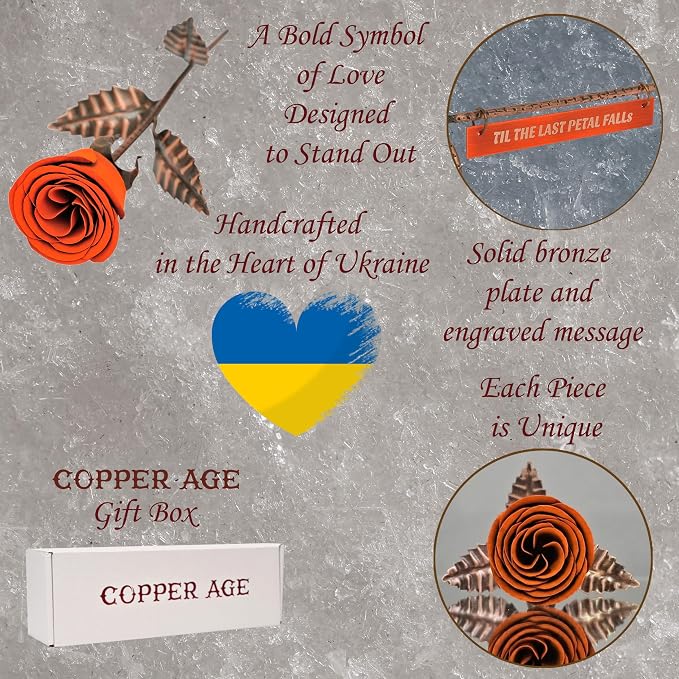 Copper Rose with Orange Bud & Engraved Bronze Plate – 8th & 19th, Personalized Metal Rose, Unique Romantic Gift, Statement Home Decor