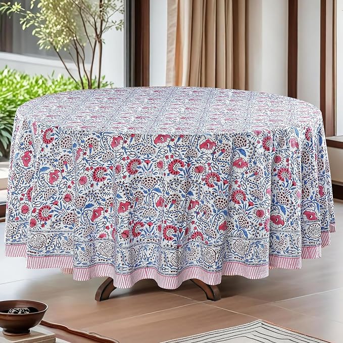 Ridhi Round Tablecloth Hand Block Print 100% Cotton Reusable Flamingo Pink 90 Inch Table Cover Decorative Everyday Use for Dining, Home, Party, Wedding, Farmhouse, Party Gift for Spring, Mother's Day