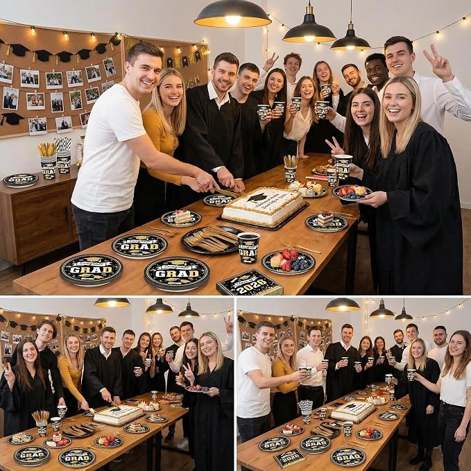 2026 Graduation Party Supplies 168PCS Black Gold Graduation Tableware Set Serves 24 Guests, Disposable Plates Cups Napkins Cutlery for Graduation Deco