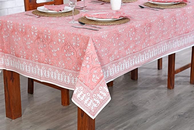 Ridhi Sweet Pink Hand Block Print Cotton Rectangle Tablecloth 120" x 80" inches Reusable Table Cover Decorative Everyday Use for Dining Room, Farmhouse, Home Gift for Spring, Mother's Day