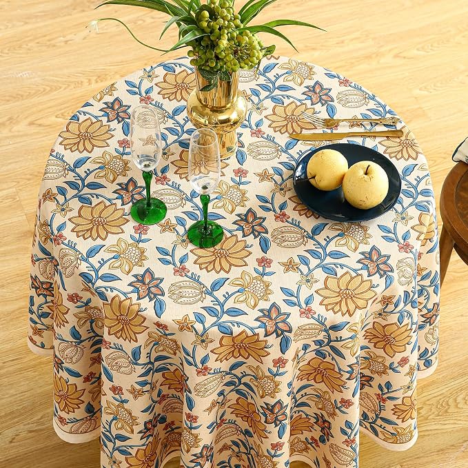 ISAENNE Designer Vintage Linen Round Tablecloth,Diameter 55"-Estevan B | French Elegant Beautiful Printed Table Cloth,Orange Floral Pattern,Durable,Dining,Kitchen,Tea Party,Thanksgiving,Decor