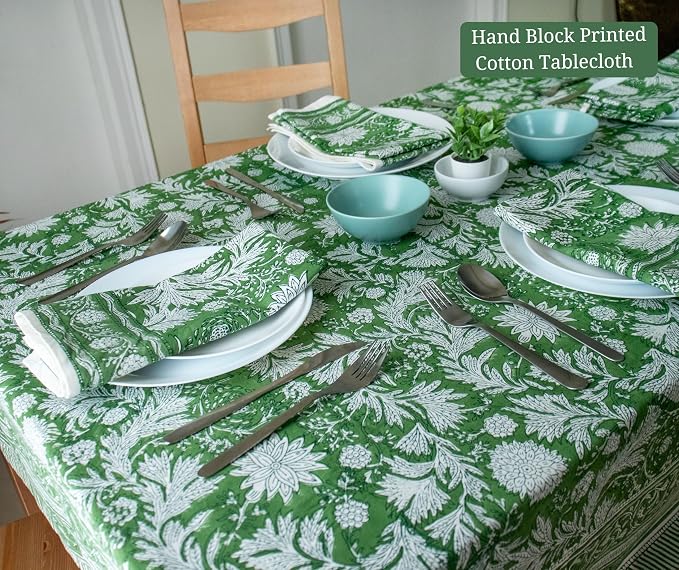 Chirstmas Green Block Print Table Cloth- 60x108 Inch Rectangle 100% Cotton Handmade Pre-Shrink, Washable for Spring, Kitchen & Dining Perfect for Patio, Indoor & Outdoor, Farmhouse