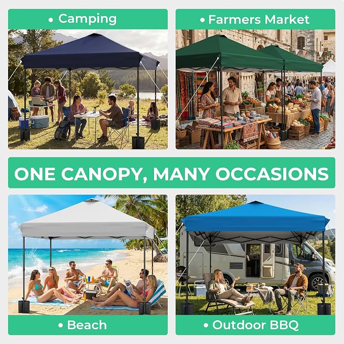 JEAREY 10x10 ft Pop Up Canopy Tent, Heavy Duty Outdoor Canopy with 1-Push Instant Setup, Commercial Tent with Roller Bag, 4 Sandbags and 8 Stakes, Water-Resistant, Off-White