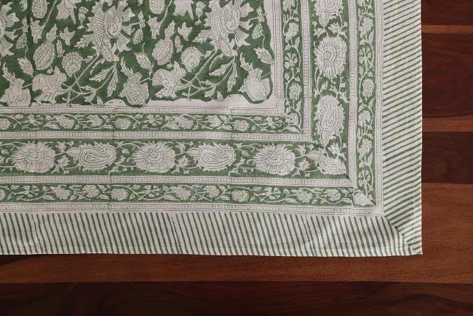 ATOSII Meraki Green 100% Cotton Fall Tablecloth, Handblock Print Rectangle Table Cover for Kitchen Dining Linen I Parties, Thanksgiving, Christmas, Wedding, Table Cloth I 72 X 120 Inches I 10 Seater