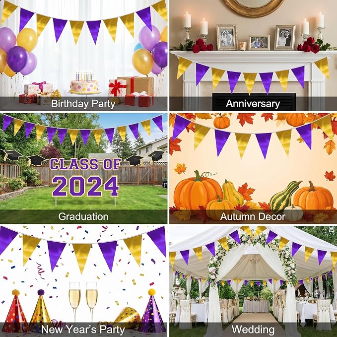 130FT Purple Gold Triangle Pennant Banner Flag Metallic Fabric Bunting Garland for Christmas Graduation Wedding Engagement Anniversary Bachelorette Birthday Bridal Shower Valentines Hen Party Supplies