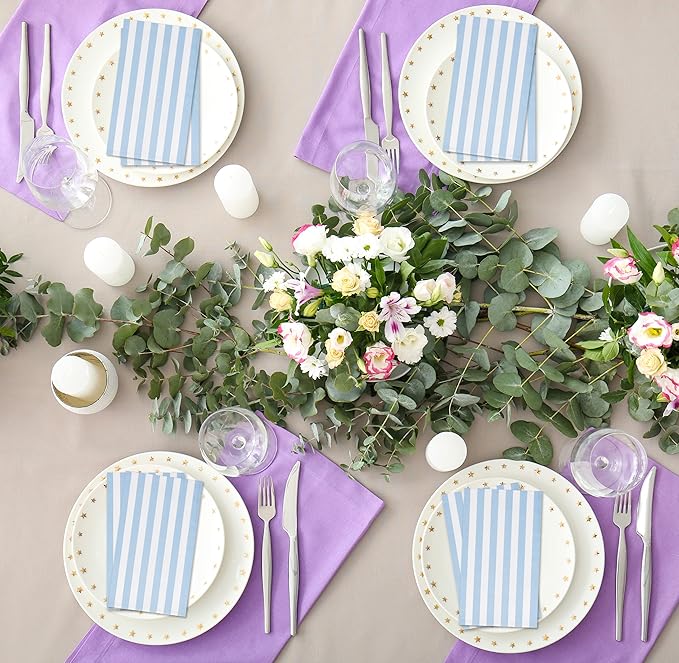 100 Light Blue Striped Guest Napkins 3 Ply Disposable Paper Hand Towels Classic Stripe Pattern Bathroom Guest Towels Table Setting Decor Set