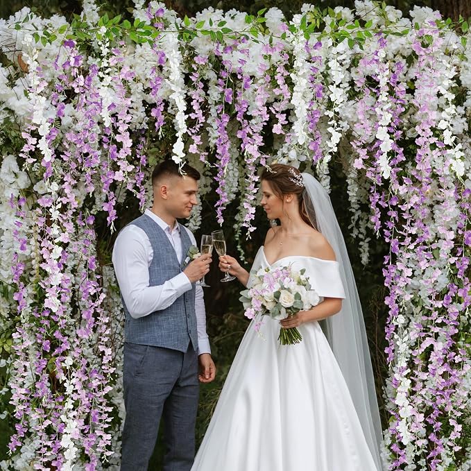 Thiccywoov 4pcs Wisteria Artificial Flowers Garland, 7.2Ft/Piece Wisteria Hanging Flowers Garland for Wedding Arch Decoration Outdoor Ceremony Home Backdrop Garden (Light Purple,Dark Purple,White)