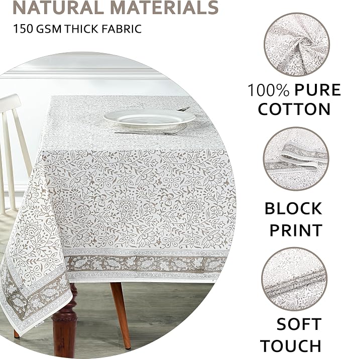 Ridhi Taupe Jal Hand Block Print Cotton Rectangle Tablecloth 90" x 60" inches Reusable Table Cover Decorative Everyday Use for Dining Room, Farmhouse, Home Gift for Spring, Mother's Day