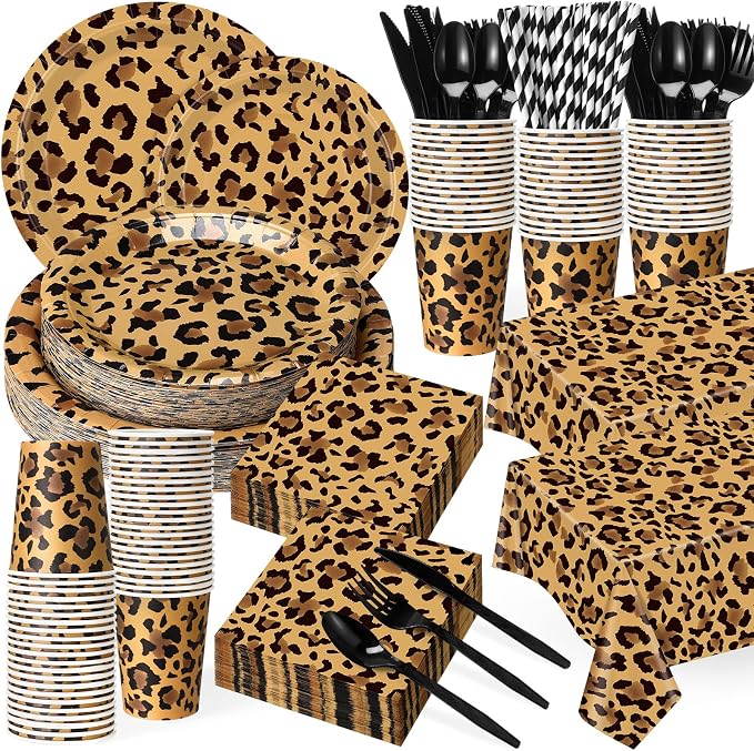 Funnymoom 452 Pcs Leopard Print Party Decoration Cheetah Print Paper Plates Napkins Cups Tablecloth Cutlery Straws Tableware for Jungle Safari Animal Theme Birthday Baby Shower Party Supplies Serve 50