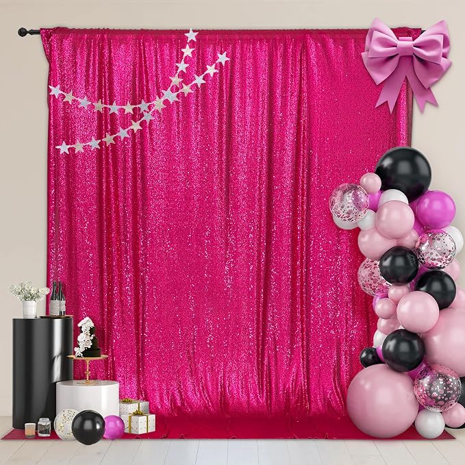 PartyDelight Hot Pink Sequin Backdrop 6x8ft 4 Inch Rod Pocket | Dense 3mm hot pink sequins on mesh backing with 4 inch rod pocket for full body photos ceremony arches party walls and stage