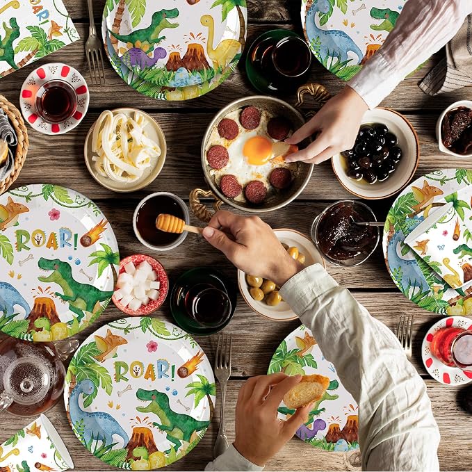 140Pcs Dinosaur Birthday Party Supplies Tableware Set Dinosaur Party Decorations Plates and Napkins Baby Shower Dino Party Paper Plates, Serve for 20