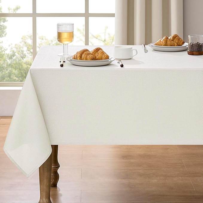 Decorelia Faux Linen Farmhouse Table Cloth 60"x104" for 6 ft Rectangle Table, Ivory Waterproof Outdoor Washable Cloth Tablecloth for Rectangular Dining Room Kitchen Outdoor Party Restaurant Decor