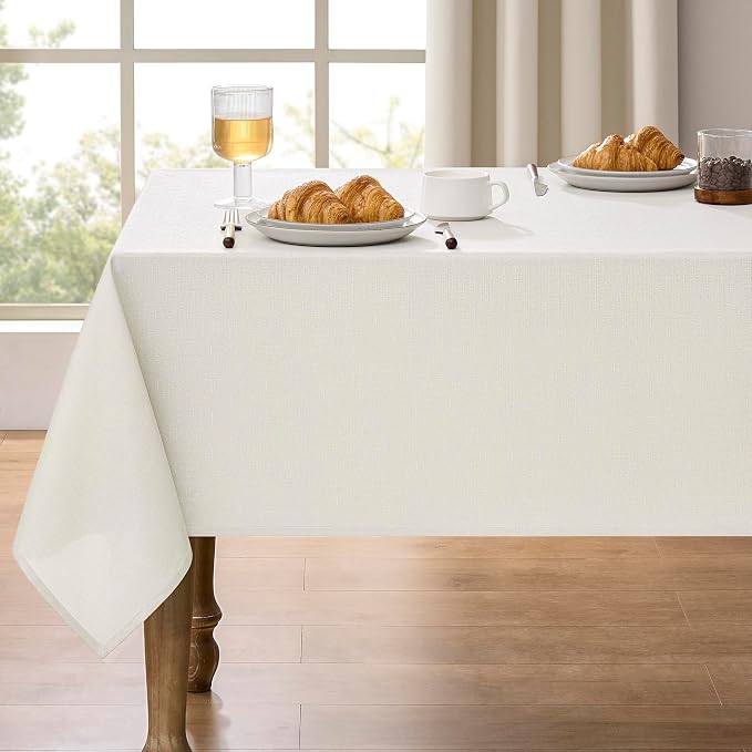 Decorelia Table Cloth for Rectangle Dining Table, Faux Linen Waterproof Texture Farmhouse Washable Rectangular Tablecloth Cover for Birthday, Party, Picnics, Wedding Decor(Ivory, 52 x70 Inch)