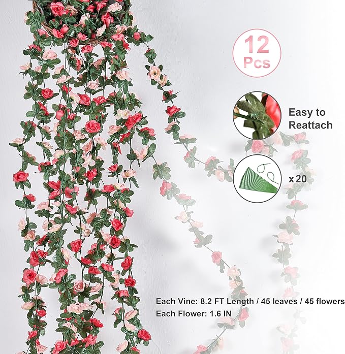 BLEUM CADE 12Pcs 98.4Ft Flower Garland Artificial Rose Vines for Bedroom, Cute Fake Hanging Flower Vines Floral Garland Decorations for Wedding Party Wall Room Decor Aesthetic