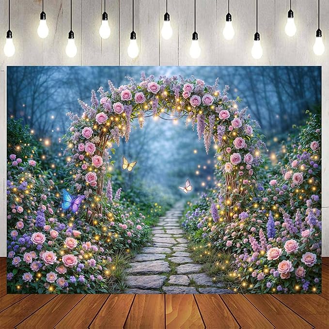 8X6ft Enchanted Forest Backdrop Fairy Tale Magic Garden Floral Arch Butterfly Photography Background for Kids Girls Baby Shower Birthday Party Decoration Photo Booth Props