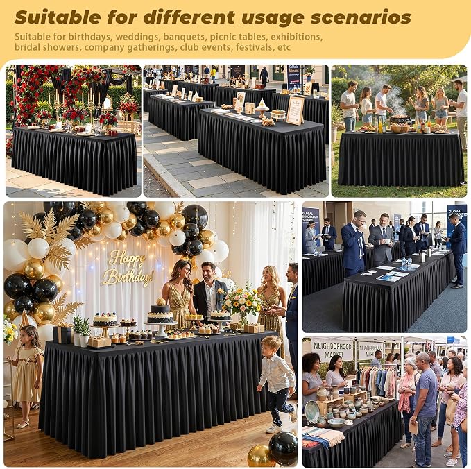 Black Polyester Table Cloths for Rectangle 4 Foot Tables, 2 Pack Wrinkle Free Tablecloths Stretchy Banquet Ruffle Fitted Table Cover Desk Skirt for Parties Wedding Birthday Baby Shower