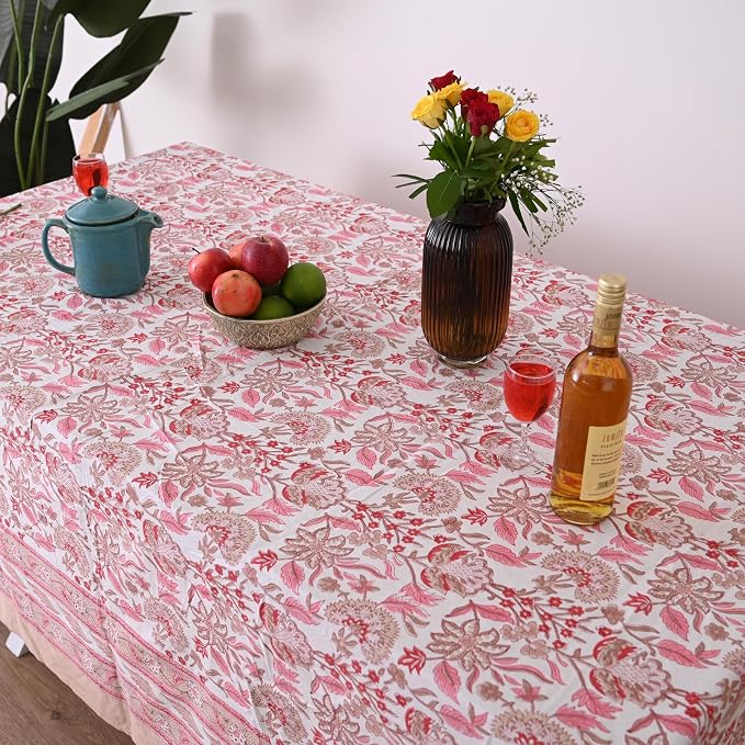 Hand Block Printed Tablecloth, Colorful Floral Print, Indian Artisan Handmade Art, Dining Room, Kitchen, Outdoor Décor, (Pink Meadow Bloom, 6 Seater 60 x 90 Inches Rectangle)