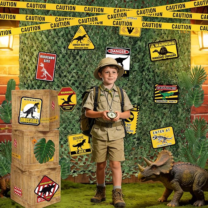 BORAMDO Jurassic Park Birthday Decorations, Dinosaur Centerpieces Party Supplies, Themed Boxes, Camo Netting, Paper Signs, Artificial Leaves, Yellow Caution Tapes