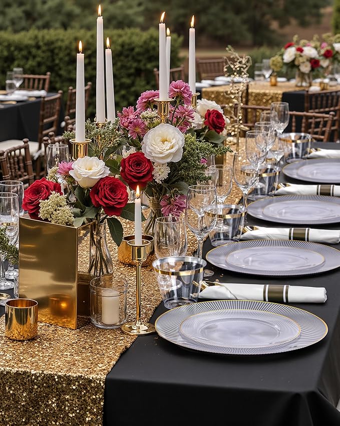 Hioasis 60pcs Clear and Gold Plastic Plates - Clear Disposable Dinnerware Set, 30pcs Dinner 10in & 30pcs Dessert 7in Plates with Striped Designs for Party & Wedding