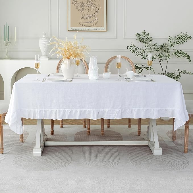Linen World Ruffle Linen Tablecloth,100% French Linen White Tablecloth 132" x 90" Inch,Washable Rectangular Tablecloth for Dining,Outdoor,Weddings and Restaurants,Decorative Thanksgiving Christmas