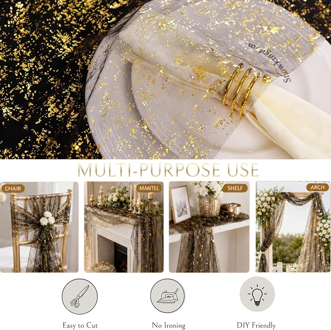 Snowkingdom 3 Pcs Black Gold Gauze Table Runner 10 FT 120 Inch, Sparkle Sheer Glitter Metallic Foil Tulle Mesh Cheesecloth Golden Table Centerpieces Decoration for Party Wedding Anniversary