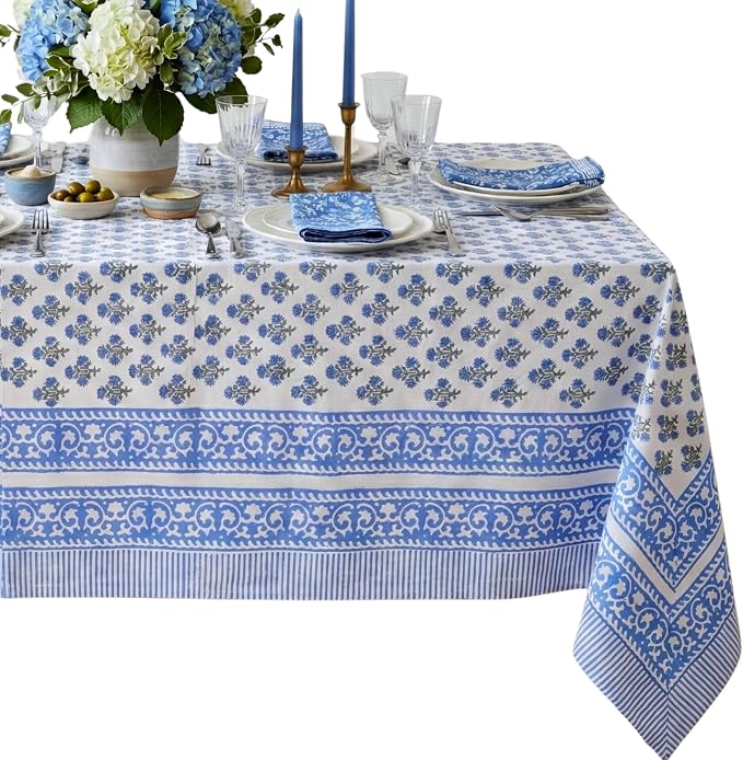 ATOSII Gulbahar Blue 100% Cotton Fall Rectangle Tablecloth, Handblock Print Floral Table Cloth for Kitchen Dining Linen I Thanksgiving Christmas Weddings Outdoors I 72 X 120 Inches I 10 Seater