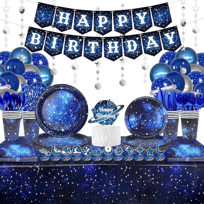 Space Galaxy Party Supplies, Includes Happy Birthday Banner, Plates, Cupcake Topper Napkins, Cups, Tablecloth, Balloons, for 20 Guests Galaxy Outer Space Theme Birthday Party Decoration