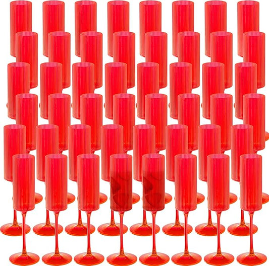 JLYLOL 48 Pcs Red Plastic Champagne Flutes 6OZ Large Ribbed Champagne Glasses Toasting Glass Plastic Goblets for Parties Vintage Mimosa Bar Glasses Elegant Stemmed Drinking Cups for Wedding Bride