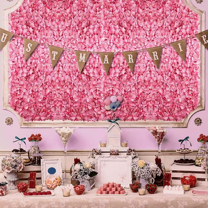 BLOSMON Flower Wall Panel Backdrop - 12 Pcs 24 x 16 Inch Pink Artificial Hydrangea Floral Backdrop for Wedding Party Baby Bridal Shower Decor, Hanging Fake Silk Flower Backdrop Decoration