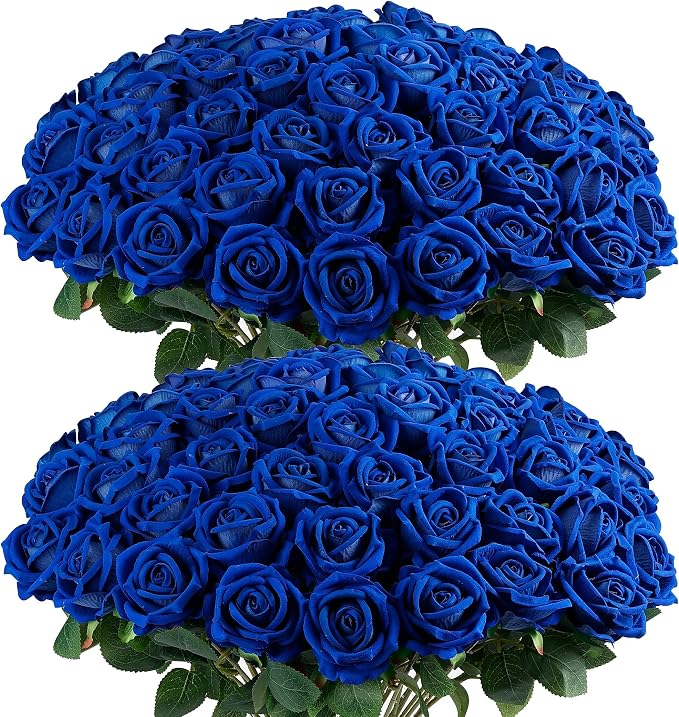 Auihiay 60PCS Fake Blue Roses, Artificial Blue Flowers, Silk Faux Rose with Long Stems for Wedding Centerpieces, Cake, DIY Floral Arrangement, Home Decor, Anniversary, Father's Day Decorations