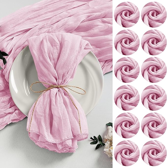 LZY 120 Pack Gauze Cheesecloth Napkins 20x20 Inch Dinner Cloth Napkins, Soft Boho Table Napkins Rustic Wrinkled Cheese Cloth Napkins Bulk for Wedding Party Baby Shower Event Decor (Pink)