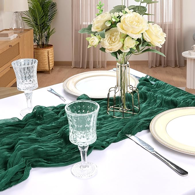 6 Pack 10FT Emerald Green Cheesecloth Table Runner 120 Inch Long Gauze Rustic Boho Spring Cheese Cloth Table Runner Sheer Fabric Decorations for Holiday Party Wedding Banquet Bridal Baby Shower Décor