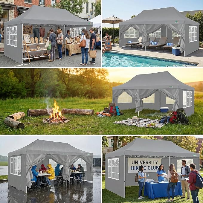 COBIZI Canopy 10x20 Pop Up Canopy Party Tent with 6 Sidewalls, Waterproof Commercial Canopy Ez Outdoor Instant Gazebo UV Protection 50+ Event Shelter, Garden Tents for Parties with Sandbags, Grey