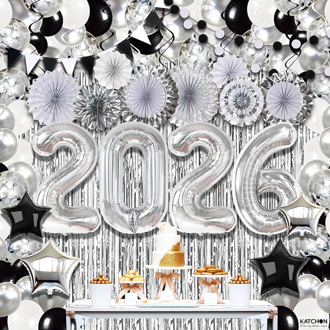 KatchOn, Huge New Years Eve Party Supplies 2026 - Huge Pack of 154 | Silver Fringe Backdrop | 2026 Balloons | Star Balloons For New Years Decorations 2026| NYE Decorations 2026 | New Year Party Decor
