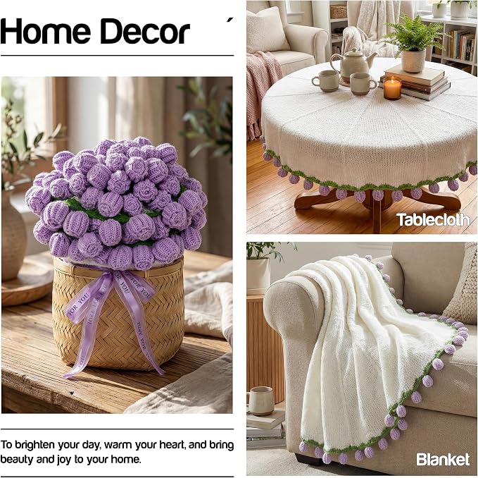 Handmade Knitted Crochet Flower Bouquet Blanket 63in, Birthday Gifts for Women, Anniversary, Wedding, Romantic Gifts for Wife Girlfriend Mom Sister Friends, Throw Blanket, Home Decor
