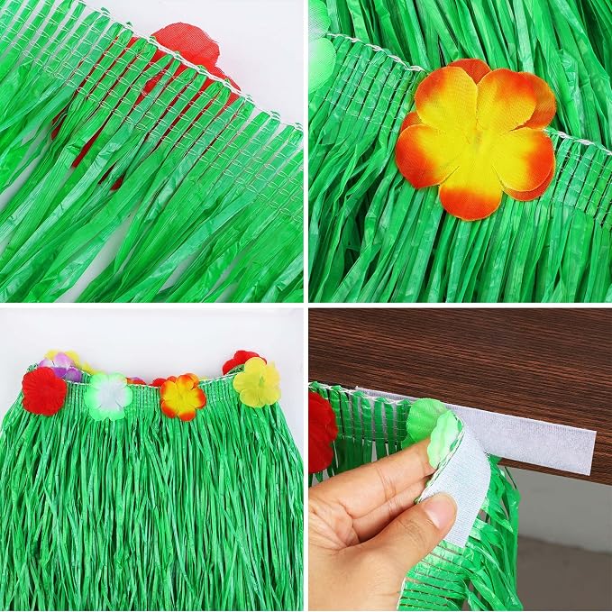 Fovths 4 Pack Luau Grass Table Skirt Natural 9 Feet x 29.5 Inch Hawaiian Table Skirt for Tropical Hawaiian Party Decorations Luau Party Costume Party, Green and Straw Yellow