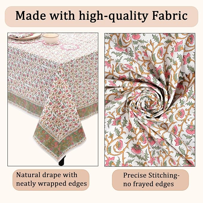 Ridhi Block Print Rose Pink Floral Vine Rectangle Cotton Tablecloth 90" x 60" Reusable Table Cover Decorative Everyday Use for Dining, Farmhouse, Home Gift for Spring, Easter, Summer