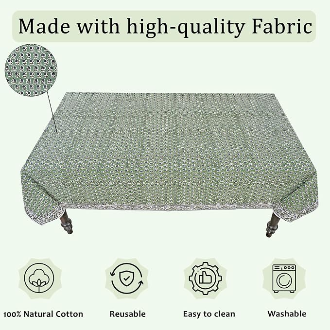 Ridhi Basil Green Hand Block Print Cotton Rectangle Tablecloth 118" x 70" inches Reusable Table Cover Decorative Everyday Use for Dining Room, Farmhouse, Home Gift for Spring, Mother's Day