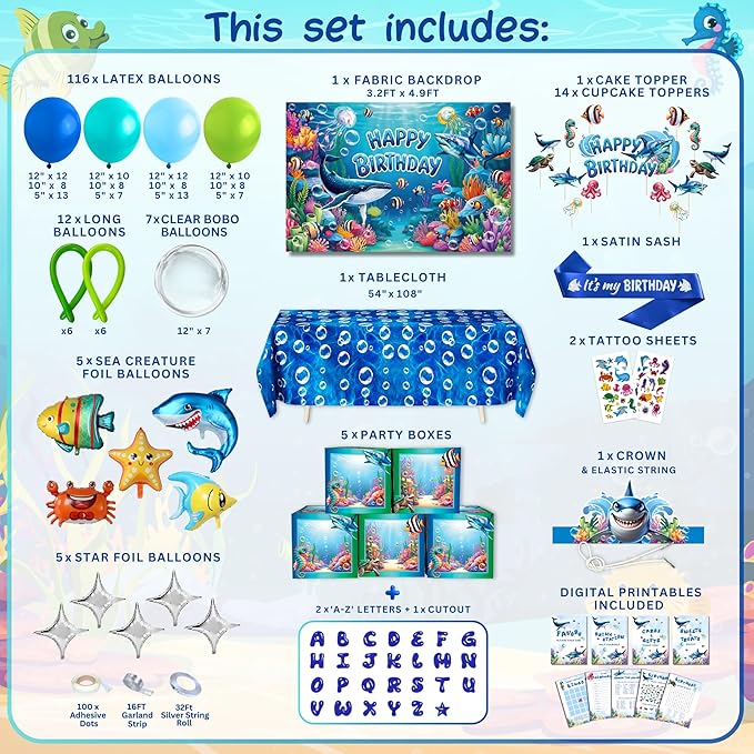 179 Pc Premium Under the Sea Party Decorations – Ocean Themed Baby Shark Birthday Supplies with Balloon Arch Kit, Backdrop, Sea Creatures, Cake Toppers & Tablecloth – Underwater Party Decor for Kids