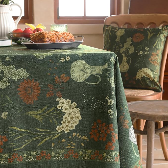 ISAENNE Designer Linen Green Rectangular Tablecloth,118"x67"-Nocturne | Vintage Elegant Long Table Cloth Rectangle Table,Floral Pattern,Decoration,Heavy,Dining,Kitchen,Tea Party,Thanksgiving