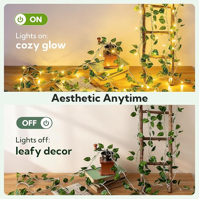 HEYFUNi Vines with Lights 23FT, Faux Pothos String Lights Plug in | 73 Warm White LEDs, Artificial Pothos Leaf Lights For Bedroom, Wall, Balcony, Wedding, Party, Dorm, Aesthetic Decor