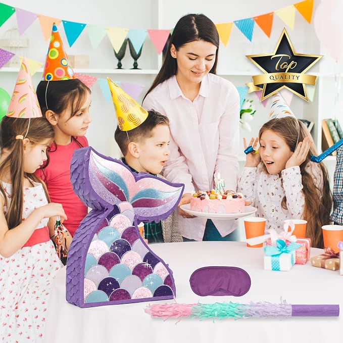 Mermaid Tail Pinatas Bundle with a Blindfold and a Bat (16.5 x 12 x 4 Inches), Perfect for kid's Birthday Parties, Mermaid Theme Parties for Girls, Decorations