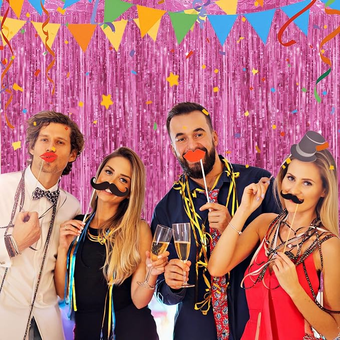 JOYIT 5 Pack Pink Tinsel Backdrop - 3.28 ft x 6.56 ft Fringe Backdrop, Glitter Foil Fringe Curtains for Party Decorations, Birthday, Bachelorette, Graduation, Wedding (Pink, 5 Pack)
