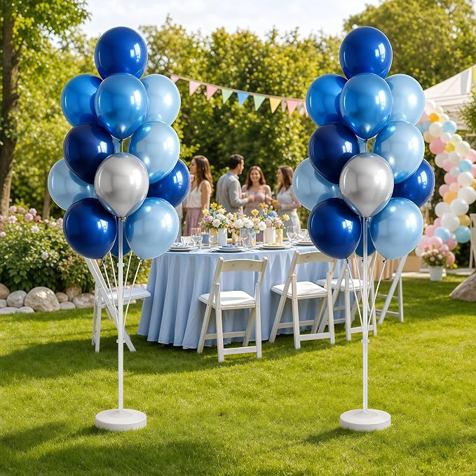 Balloon Column Stand Kit,2 Sets of Assorted Rainbow Balloon Tower Pillar with 10inch Bright Color baloon Reusable Design for Grirls Party,Birthday, Wedding,Baby Shower (Metallic Blue Sliver)