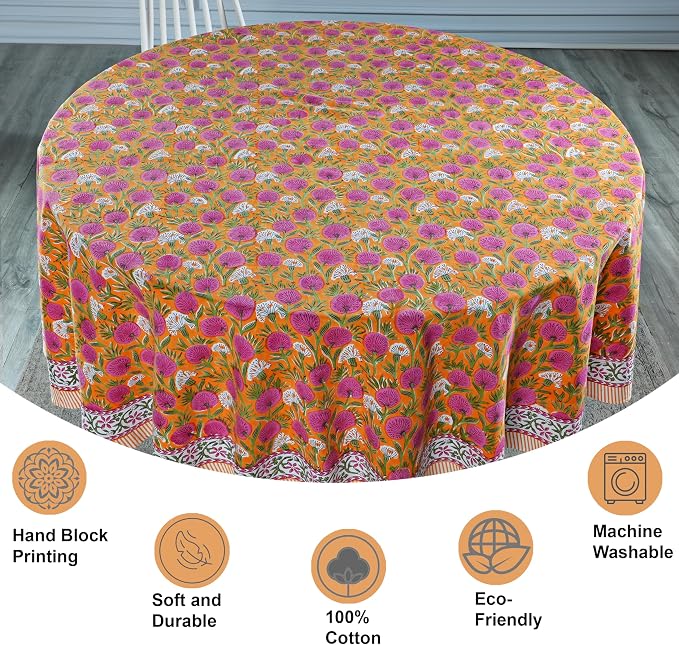 Ridhi Round Tablecloth Hand Block Print 100% Cotton Reusable Bubblegum Pink 60 Inch Table Cover Decorative Everyday Use for Dining, Home, Party, Wedding, Farmhouse, Party Gift for Spring, Mother's Day