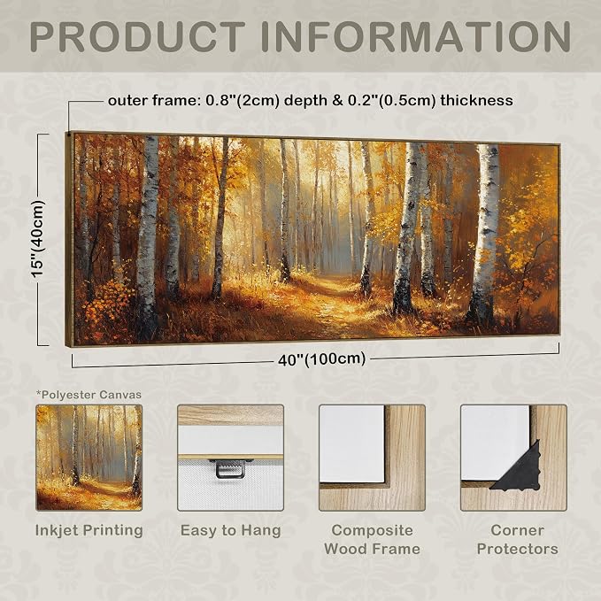 TLESKE Vintage Orange Fall Birch Tree Forest Large Wall Art Decor Framed 15x40, Rustic Farmhouse Autumn Canvas Wall Art Print for Bedroom Living Room, Fall Nature Wall Artwork Picture